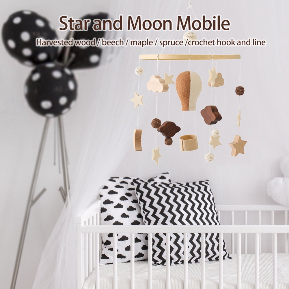Baby Crib Bell – Rotating Wooden Wind Chime with Stars, Moon & Hot Air Balloon Hanging Toys for Newborn Sleep & Development, Blue