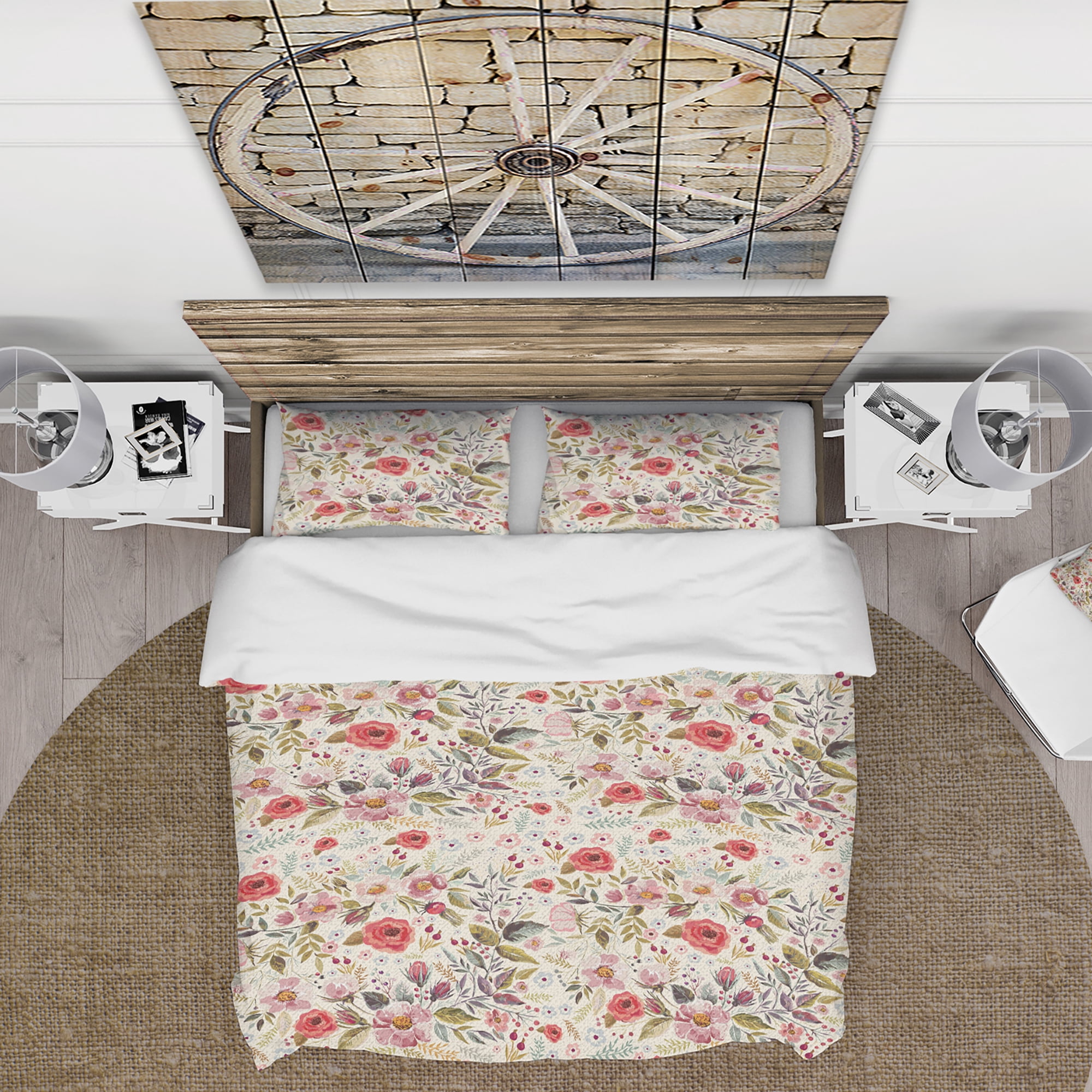Designart 'Vintage Red Pink Flower and Leaves' Rustic Duvet Cover Set