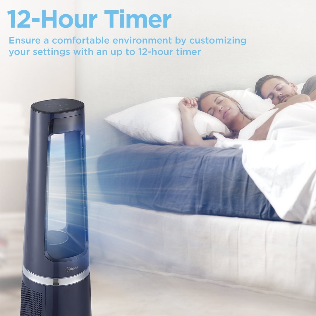Midea 33.5" Bladeless Fan, 3-In-1 Heater, Air Purifier, Fan, Dual Ceramic Heating, HEPA Filter, Black
