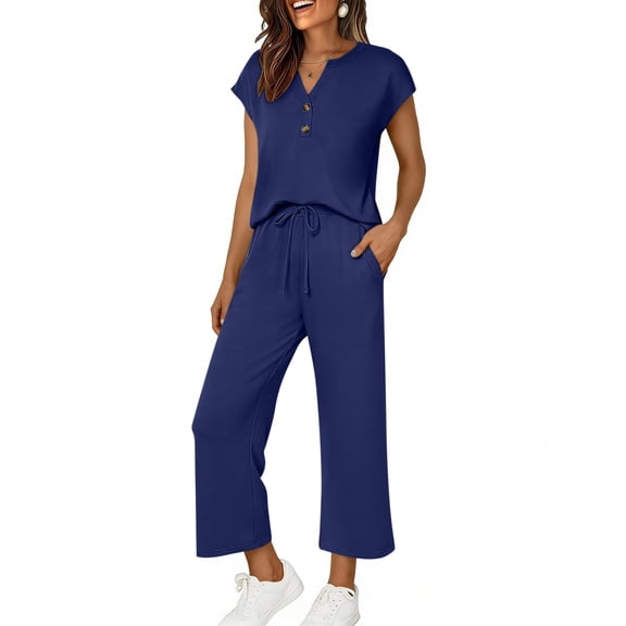 2 Piece Sets for Women Summer Travel Vacation Outfits V Neck Button Cap Sleeve Tops Matching Drawstring Wide Leg Pants