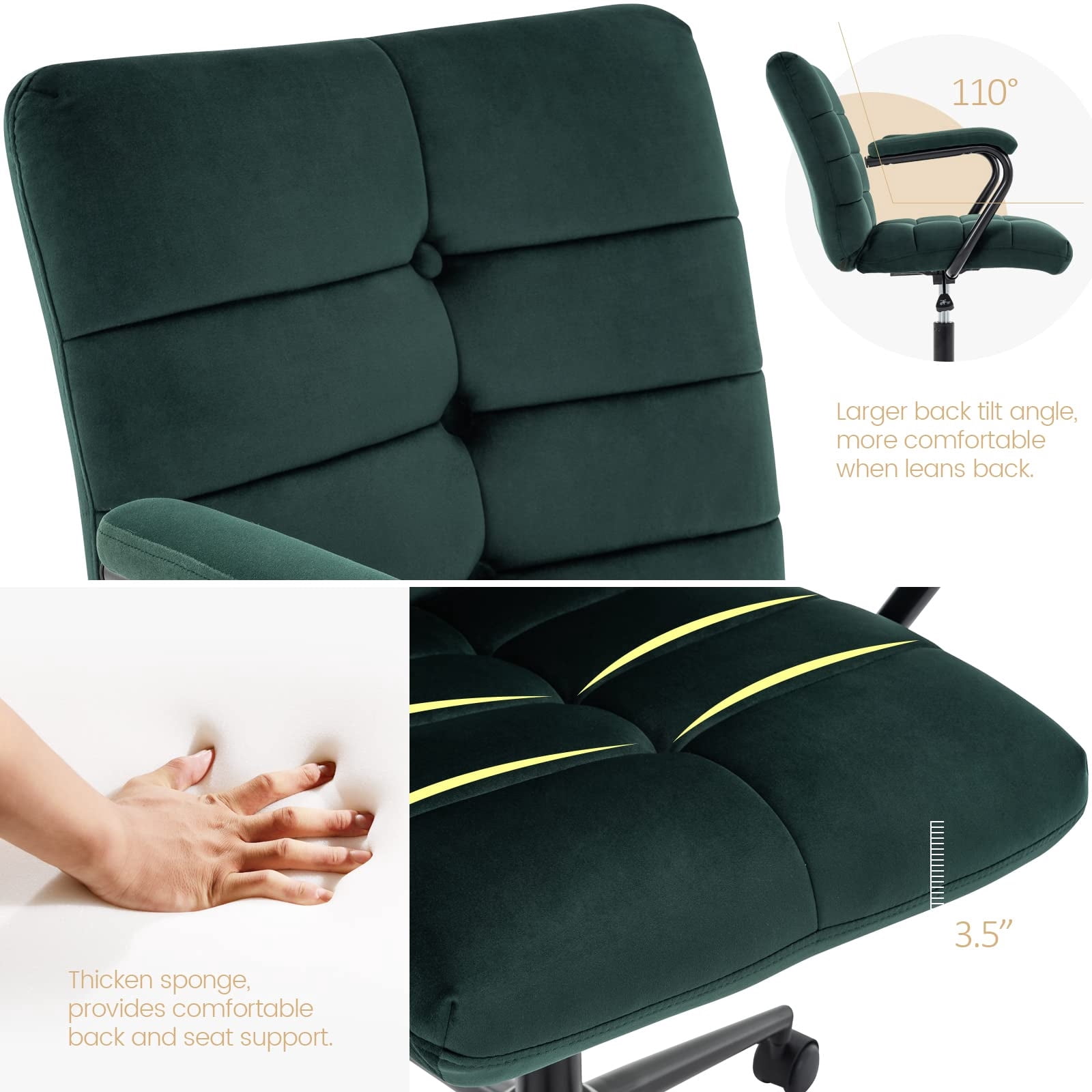 Velvet Desk Chair with Arms, Adjustable Height Home Office Chair, Mid-Back Upholstered Vanity Chair with 360° Swivel and Wheels for Living Room or Study, Dark Green