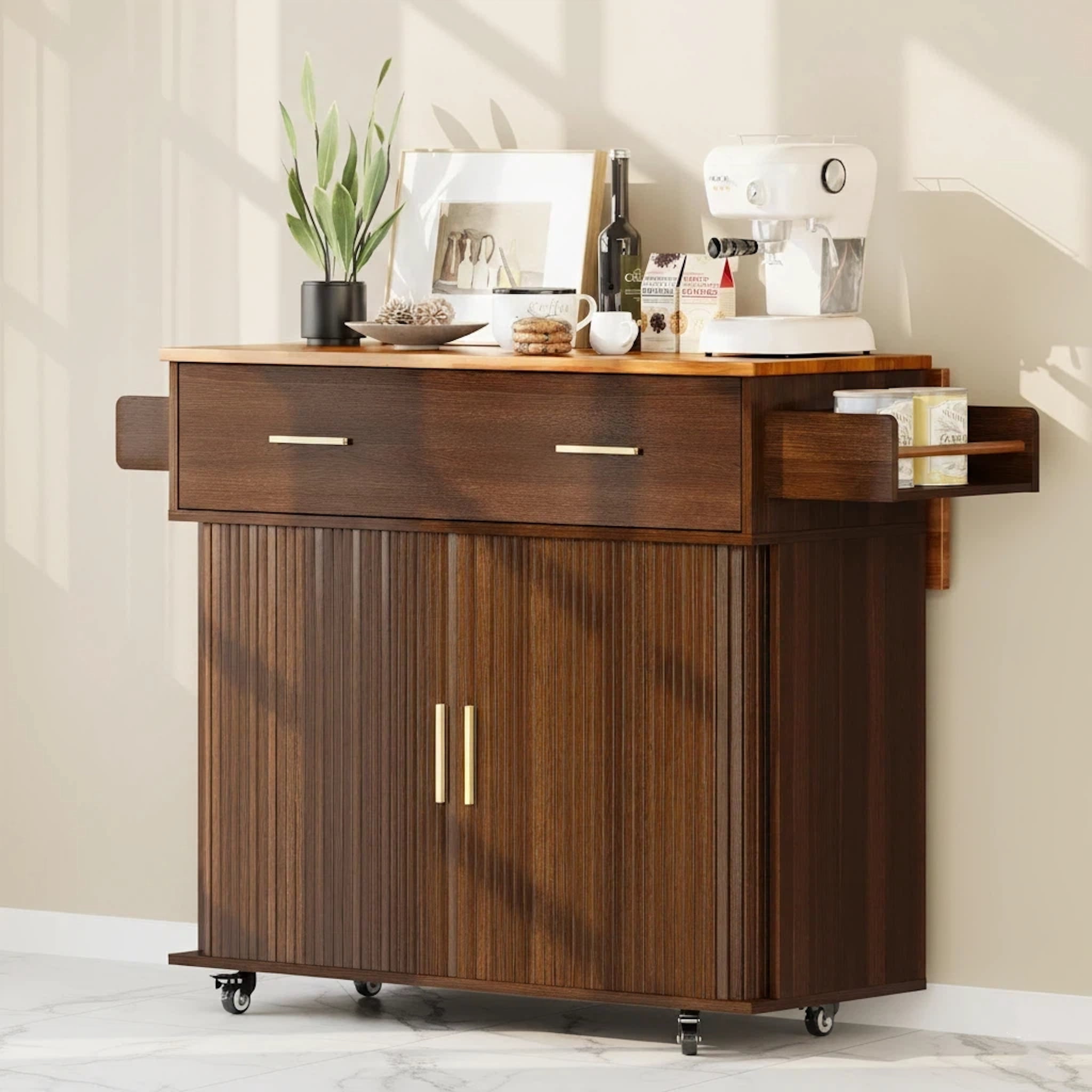 Aisword Rolling Kitchen Island with Drop Leaf Countertop, Mobile Kitchen Cart on Wheels, Sliding Door, Drawers, Spice Rack & 2-Tier Storage, Walnut