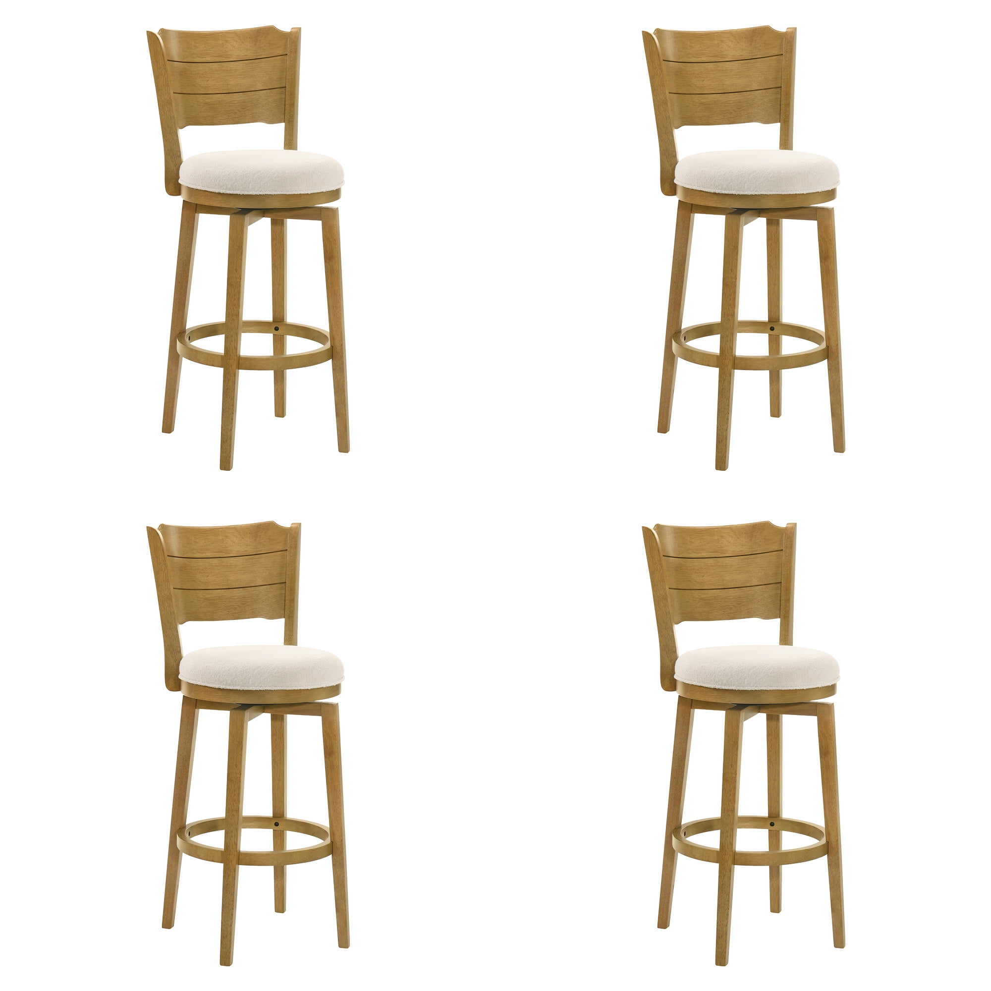 Winsley Coastal Modern Swivel Wood Bar Height Kitchen Bar Stool in Amber Glow Finish with White Boucle Fabric Upholstered Seat - Set of 4