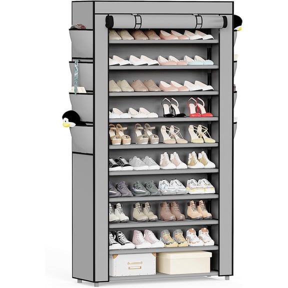 Shoe Rack with Cover, 10 Tier Tall Shoe Storage for 50-55 Pairs of Shoes, Shoe Organizer for Entryway, Closet, Garage, Grey