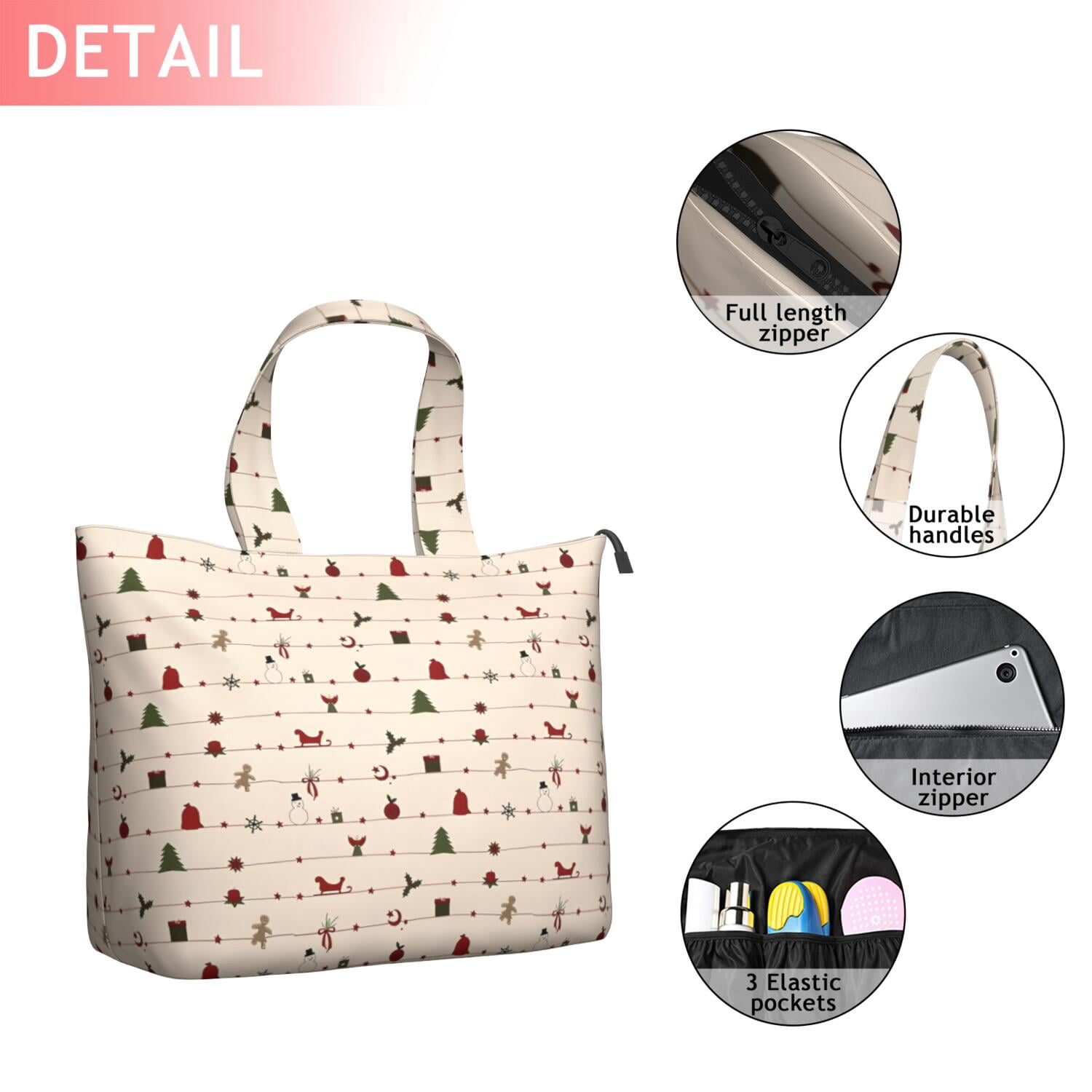 Beige Christmas Decoration Pattern Travel Tote Bags for Women Carry On,Large Weekender Bags for Women Travel,Multi Functional Duffle Bag for Work,Shopping,Sports
