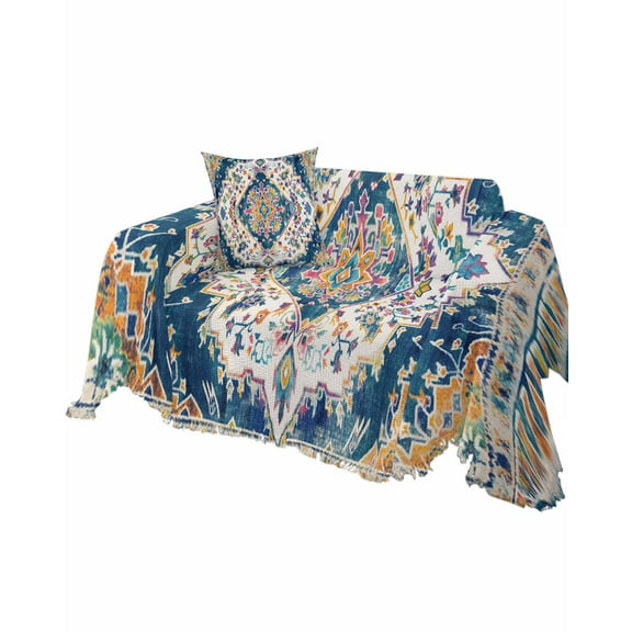 Navy Blue Boho Sofa Couch Covers for Dogs,Washable Sectional Couch Slipcovers for Loveseat with Tassel,Orange Ethnic Tribal Bohemian Mandala Floral Non Slip Sofa Throw Cover Blanket Large 71x102