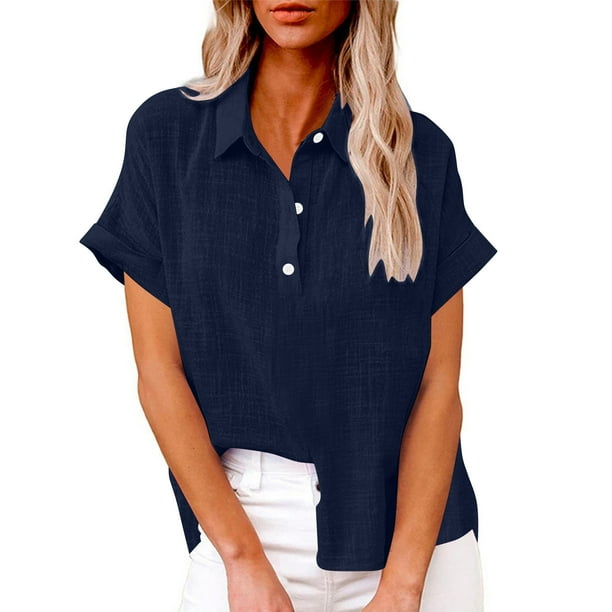 Blusas para las Mujeres Casual Verano Color Sólido Botón Cuello en V Suelto Camiseta Blusa Algodón Lino, Manga Larga Moda Top para el Uso Diario