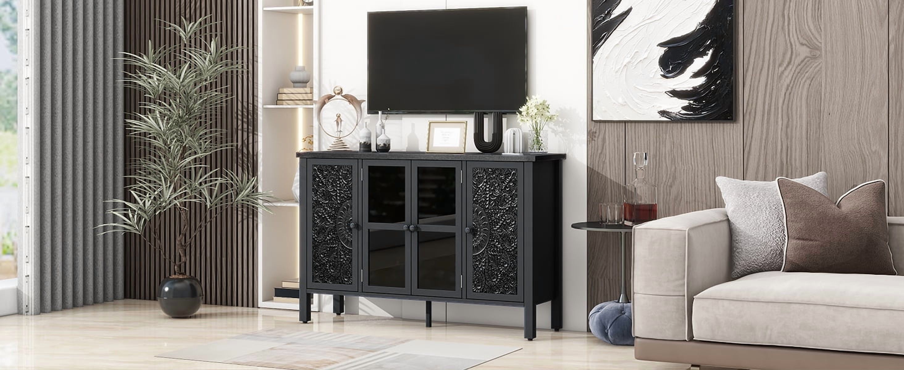 Euroco 47.2" American Retro-Style TV Stand – Media Console with Glass Door, Carved Cabinet Storage, Adjustable Shelves, Anti-Tip Device for TVs up to 43", Entertainment Center