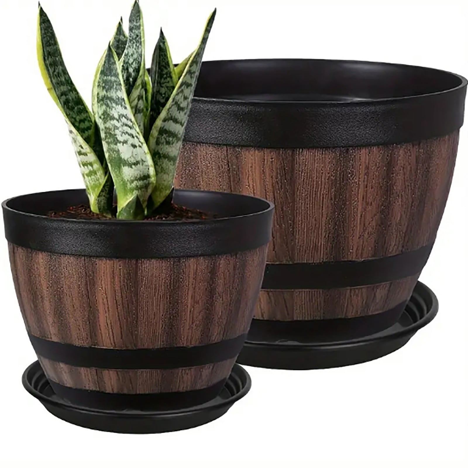 Outdoor Garden Flower Pots, Planters, Balcony Patio Yard, Wood Barrel Style, Lightweight Durable
