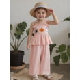 thumbnail image 3 of Loicainy Baby Toddler Kids Girl Halloween Outfit 6 9 12 18 24 Months 2T 3T 4T 5T Pumpkin Embroidery Smocked Tie-up Spaghetti Strap Tops Solid Wide Leg Pants Clothes Set, 3 of 9