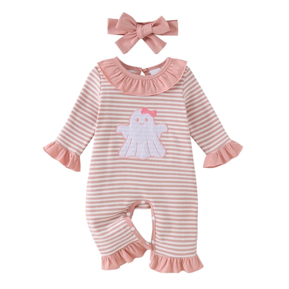 Staki Newborn Baby Girl Halloween Outfit Crew Knitted Long Sleeve Romper Jumpsuit with Headband Fall Clothes(Pink,6-12 Months)