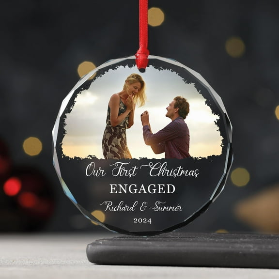 Engagement Photo Glass Ornament Personalized Engaged Couple Keepsake, First Christmas Engaged Holiday Decoration
