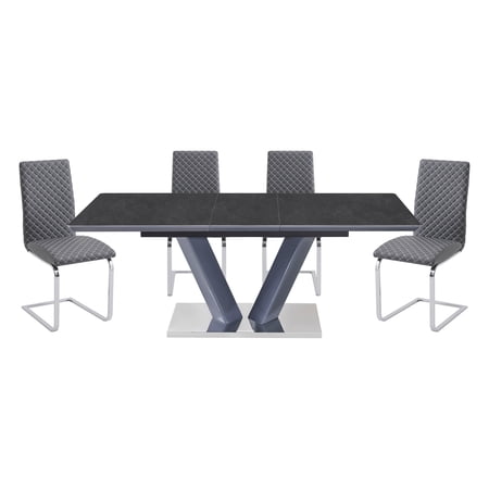 Dining Set 5-Piece Expandable Black Sintered Stone Table with 4 Gray Faux Leather Side Chairs V-Shaped Chrome Base Self-Storing Butterfly Leaf 63-78.75 Rectangular Dining Room Set