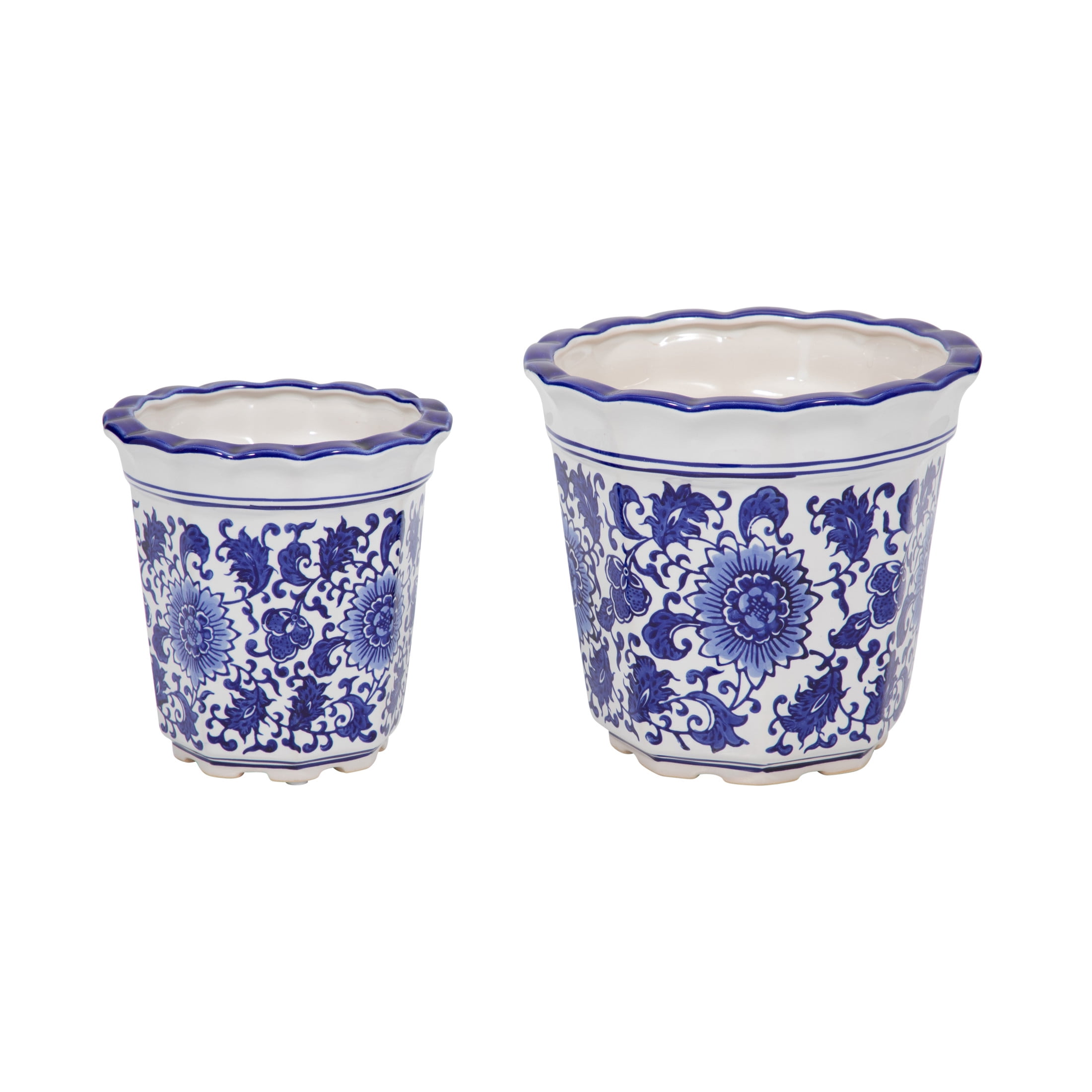 Decorative Chinoiserie Flower Pots for Home Décor - Elegant Ceramic Plant Pots for Outdoor and Indoor Plants - Garden Accent for Living Room, Entryway, or Patio - Set of 2, 8", 7", Blue & White