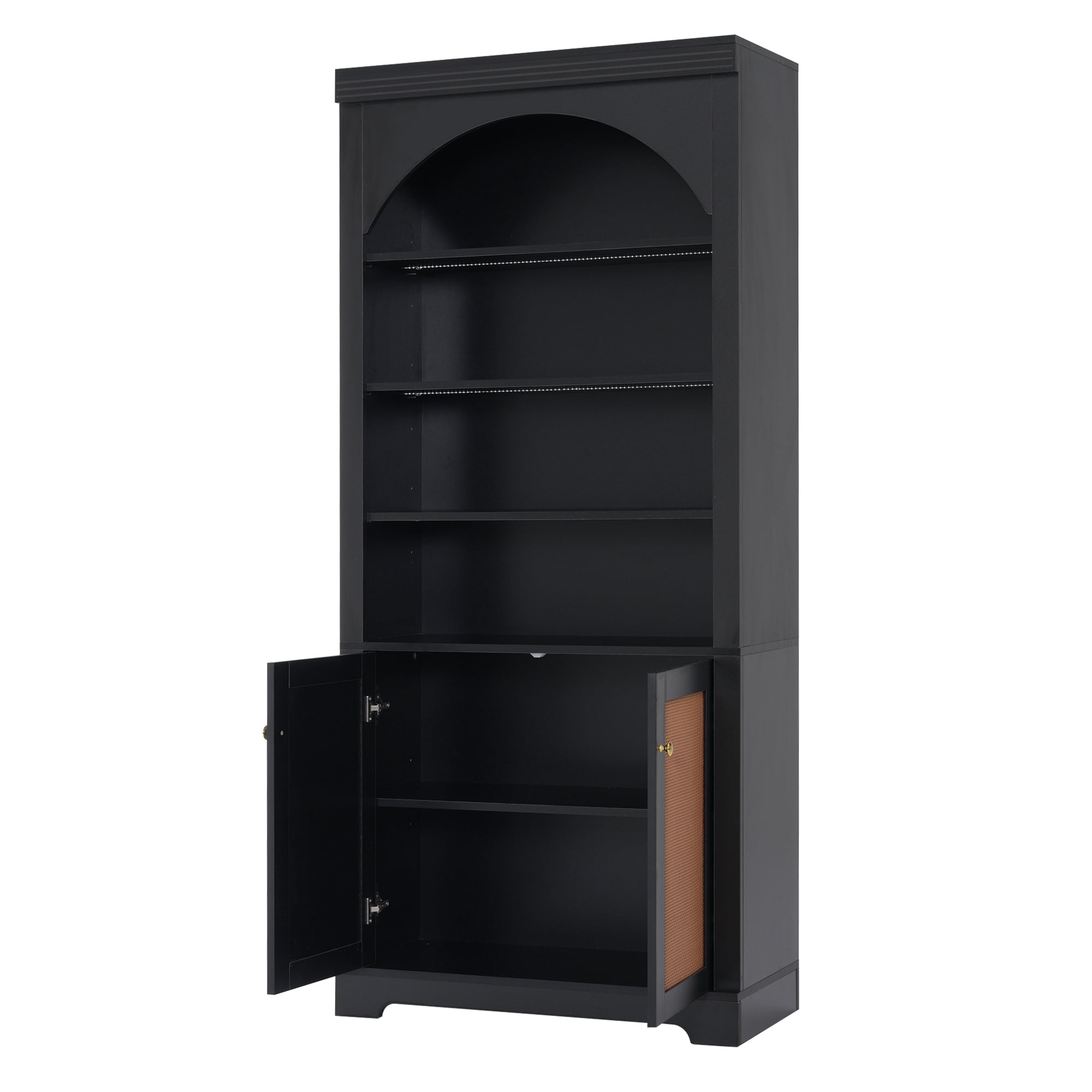 Euroco 70.8" Tall Bookcase with Rattan Doors,Mid-Century Modern 6-Tier Bookshelf with Storage,LED Lights & Adjustable Shelves,Display Shelf for Living Room,Kitchen,Home Office,Black