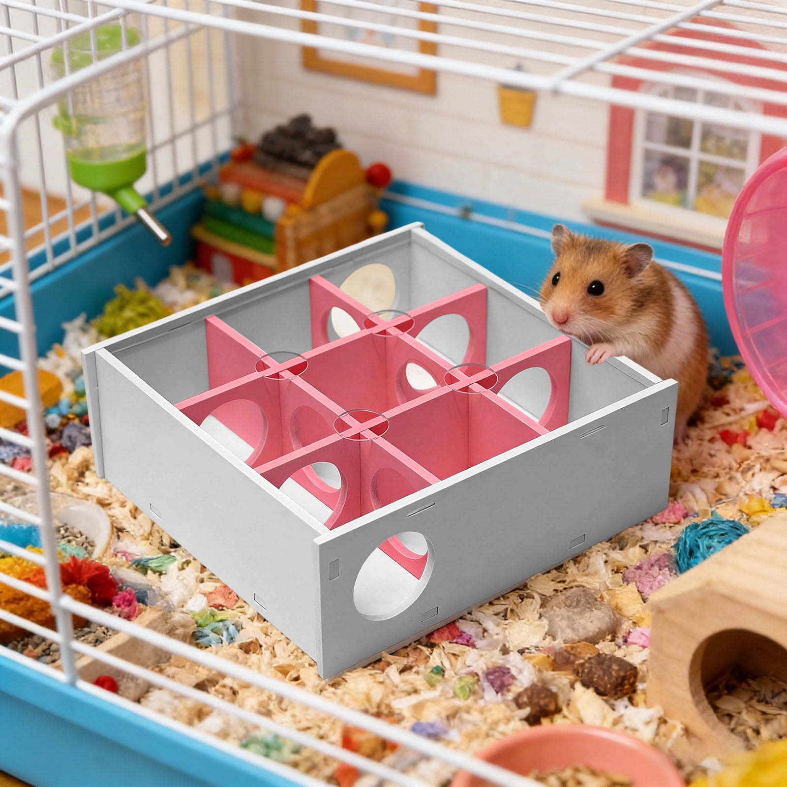 Hamster Maze Hideout - Interactive Wooden Enrichment Toy Multi-Chamber 9-Room Hamster Houses and Hideouts For Small Animals Hamsters Gerbils,Pink
