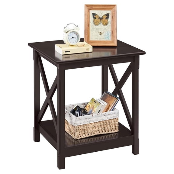 End Table with Storage Shelf, 2 Tier Sofa Side Table - 20"W x 18"D x 22"H - Classic X-Design - Dark Coffee Finish - Living Room Furniture