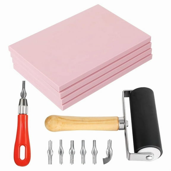 Rubber Block Stamp Carving Kit, 4 Pack with Cutting Tools and Brayer Roller, for Printmaking Crafts