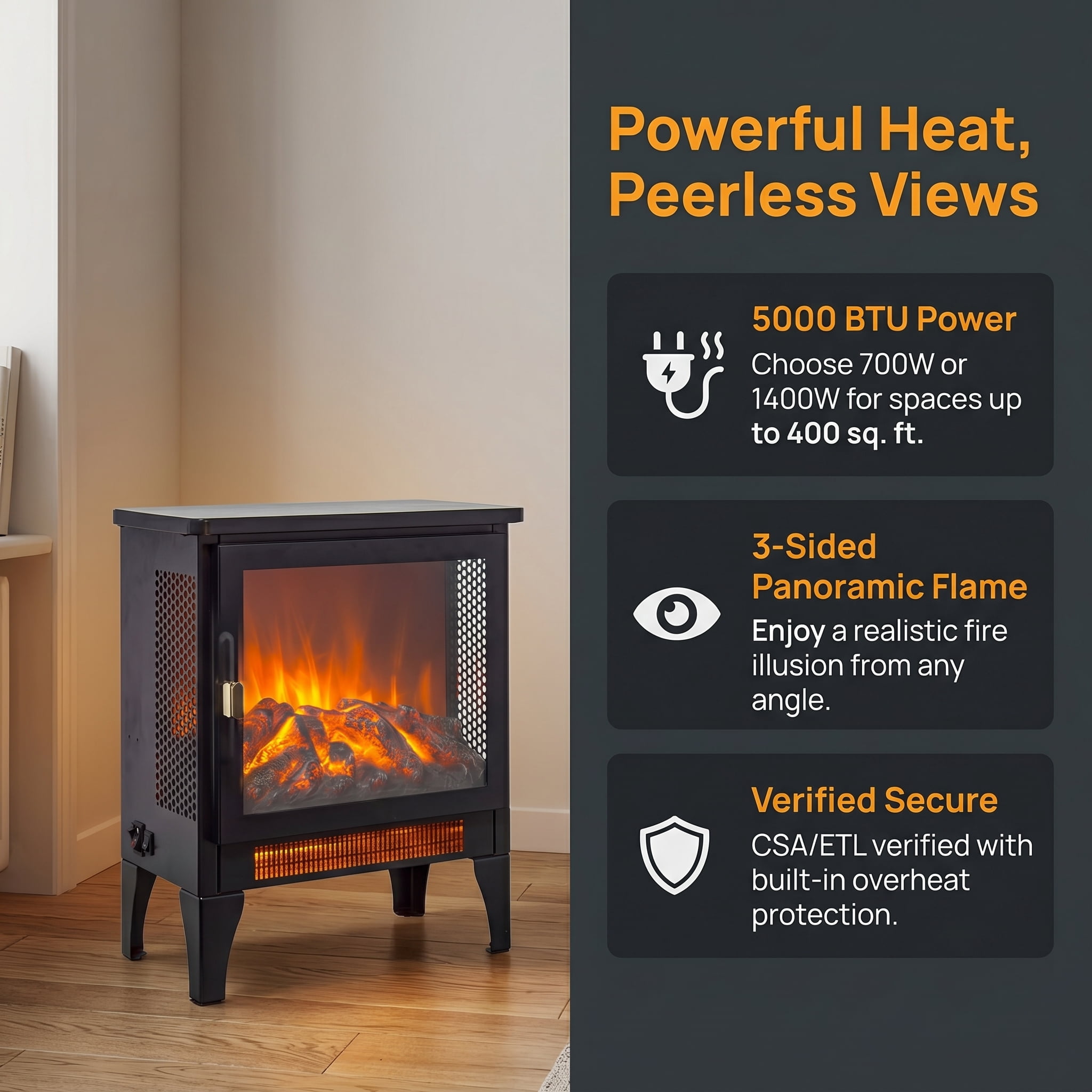 17" Freestanding Electric Fireplace Stove Heater with 3D Flame Effect, Black