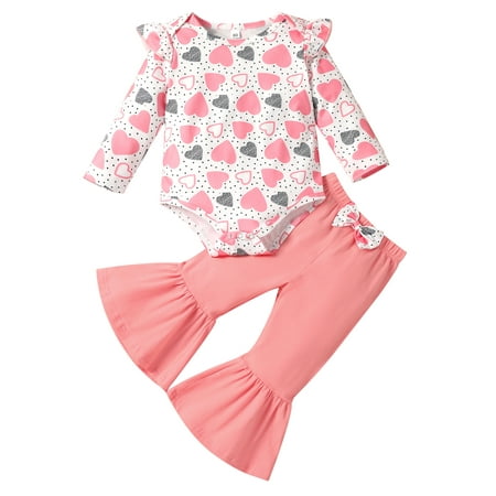

Calsunbaby Toddler Baby Girl Valentine s Day Outfits Heart Print Ruffle T-Shirt Tops Flare Pants Kids Clothes Set 12-18 Months