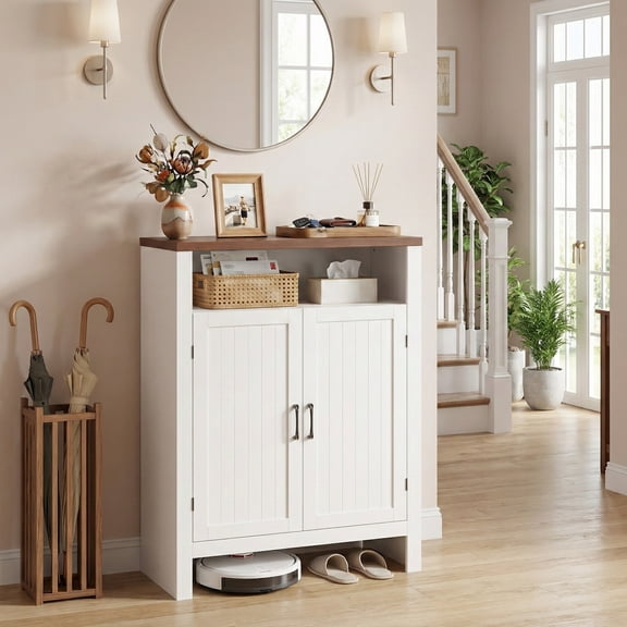DIYART Farmhouse Shoe Cabinet with Doors, 5 -Tier Shoe Storage Cabinet with Adjustable Shelves, 43.3" Tall Shoe Rack Cabinet for Entryway, and Hallway, White