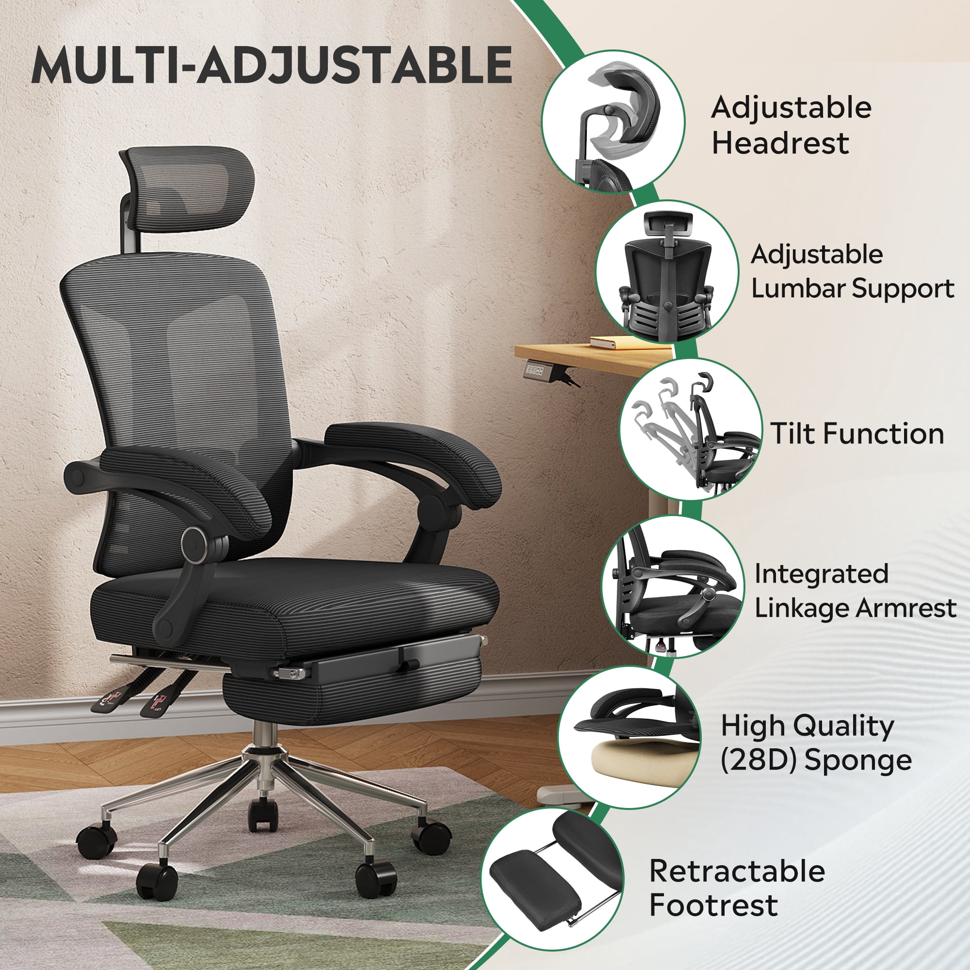 GALAXHERO Ergonomic Big and Tall Office Chair, Mesh Desk Chair with Adjustable Lumbar Support & Footrest, Reclining High Back, SGS Class 4 Gas Lift, for Office & Gaming, Black