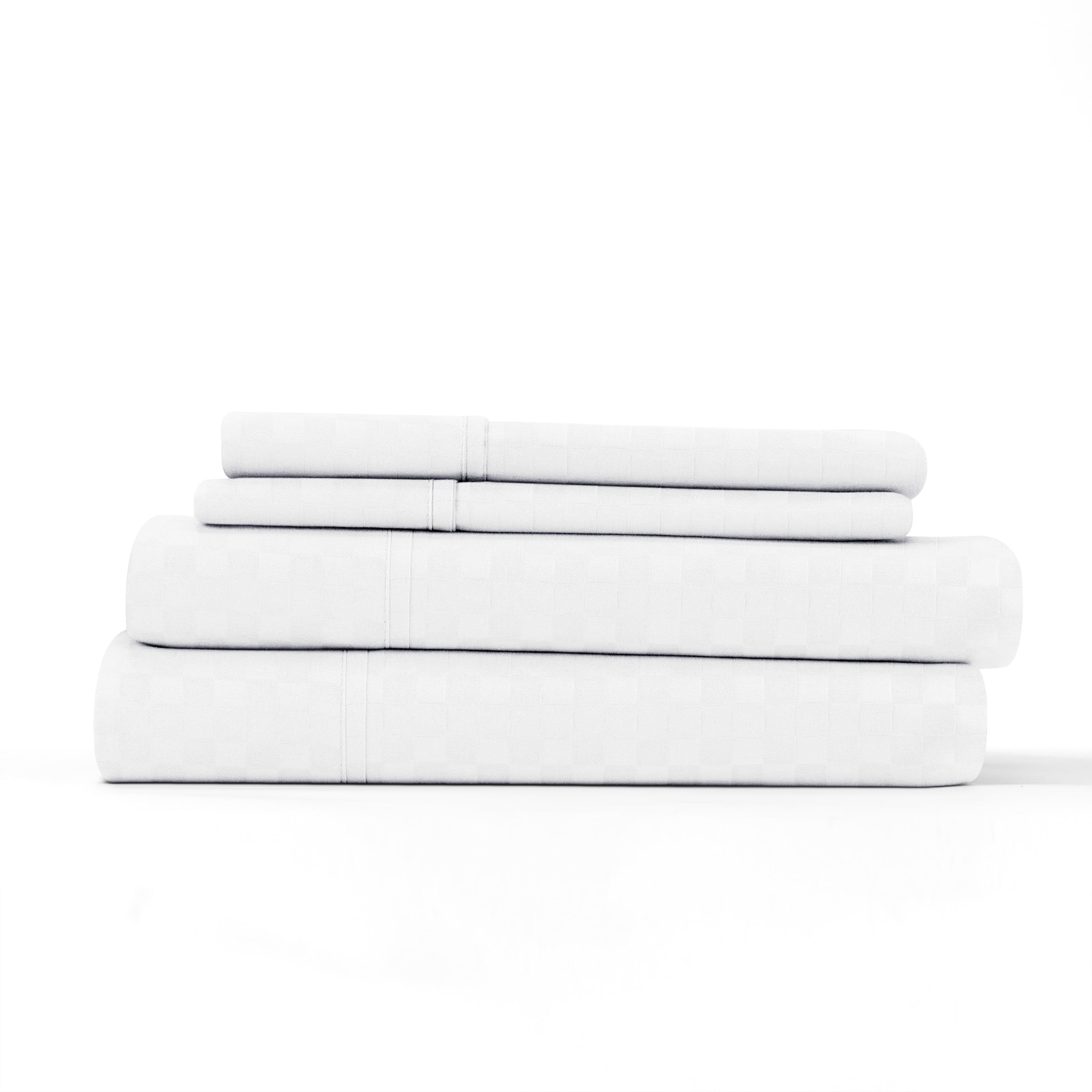 Noble Linens 4 Piece White Checkered Embossed Bed Sheet Set, Queen