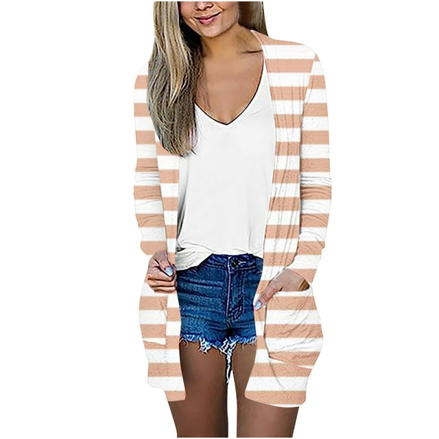 Pompotops Cardigan à Manches Longues à Rayures Imprimées pour Femmes, Manteau/veste Décontracté en Liquidation