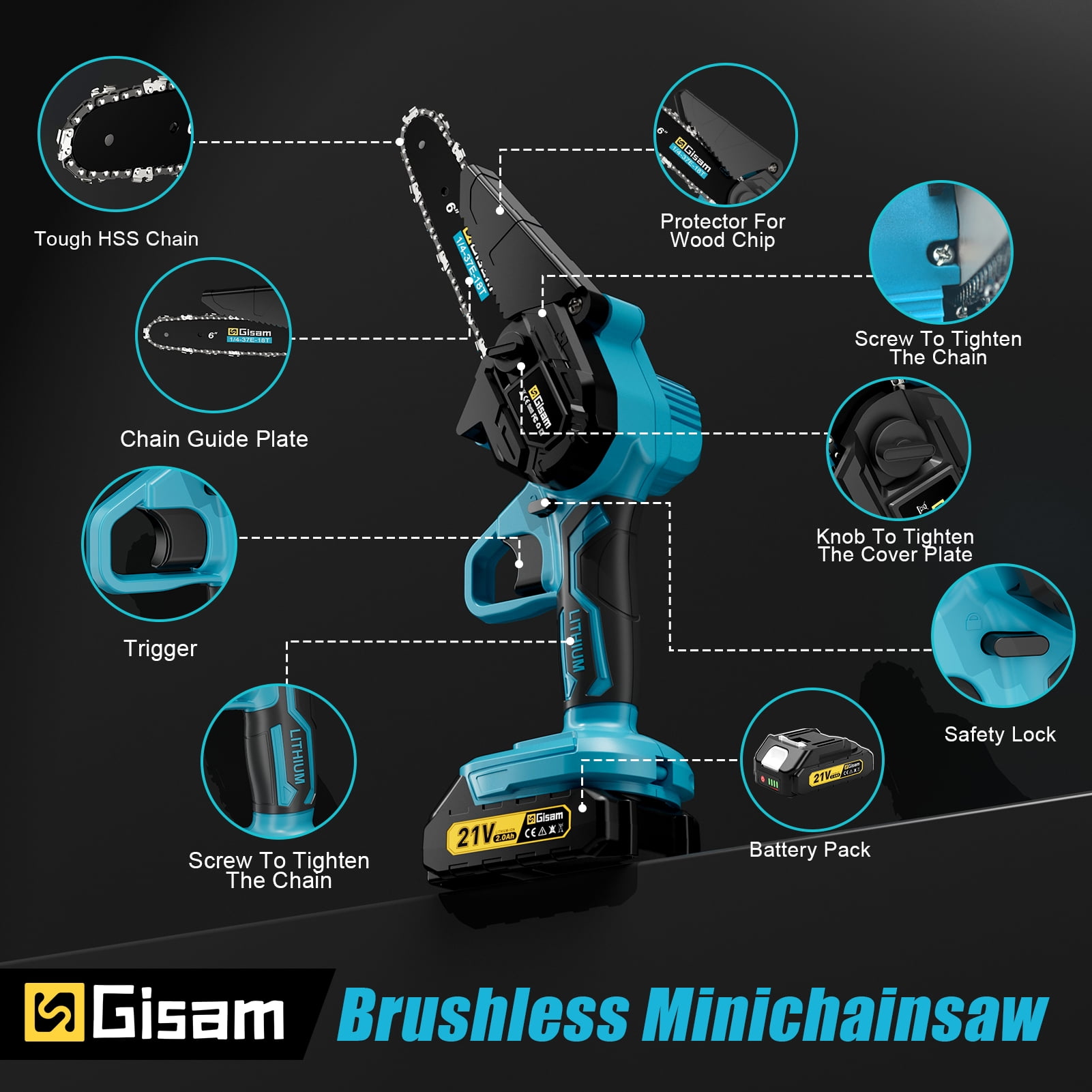 Gisam 6 Inch Mini Chainsaw with 2 Batteries 2 Chains Brushless Motor Electric Chainsaw for Tree Trimming Wood Cutting