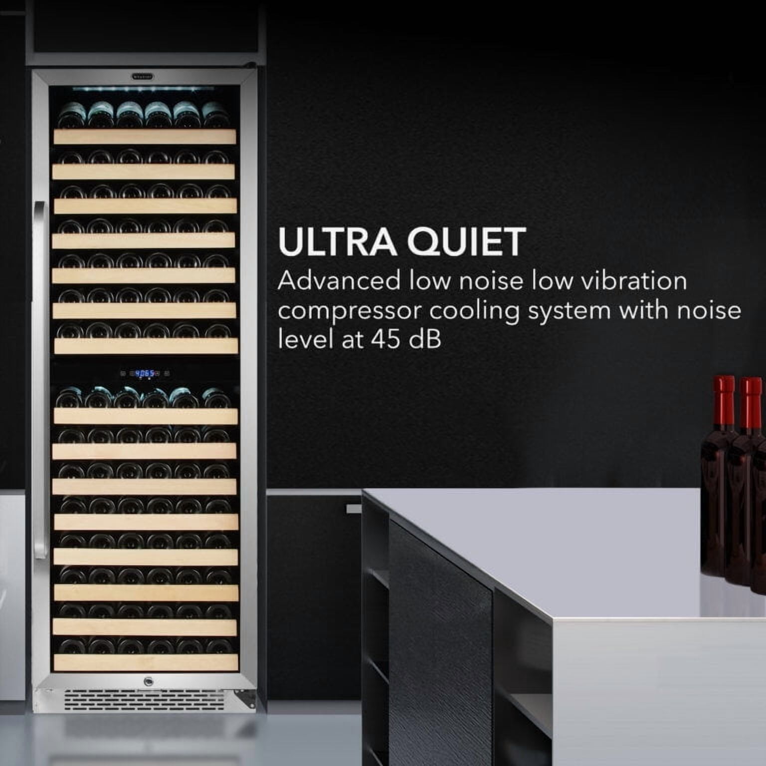 Whynter 164 Bottle 15 Shelf Lockable Dual Zone Wine Fridge, Black and Steel