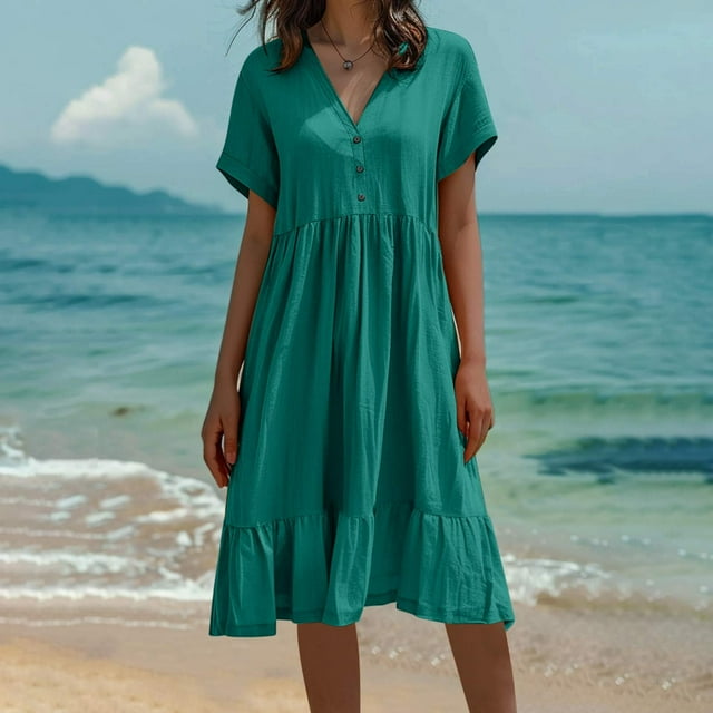 onlyliua Semi Formal Dresses for Women Short Sleeve V-Neck Solid Bodycon Linen Dresses Ruched Waist Loose Fit Minimalist Design Cotton Active for Party Seasonal Promotion