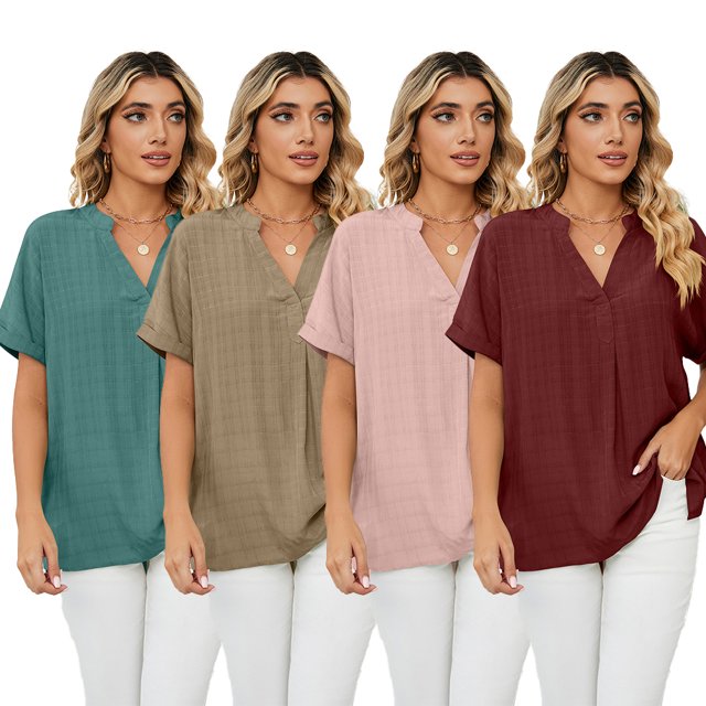 FJUCHAI Womens Shirts V Neck Short Sleeve Buttons Tops Tee Solid Color Blouse Loose Fit S-XXL