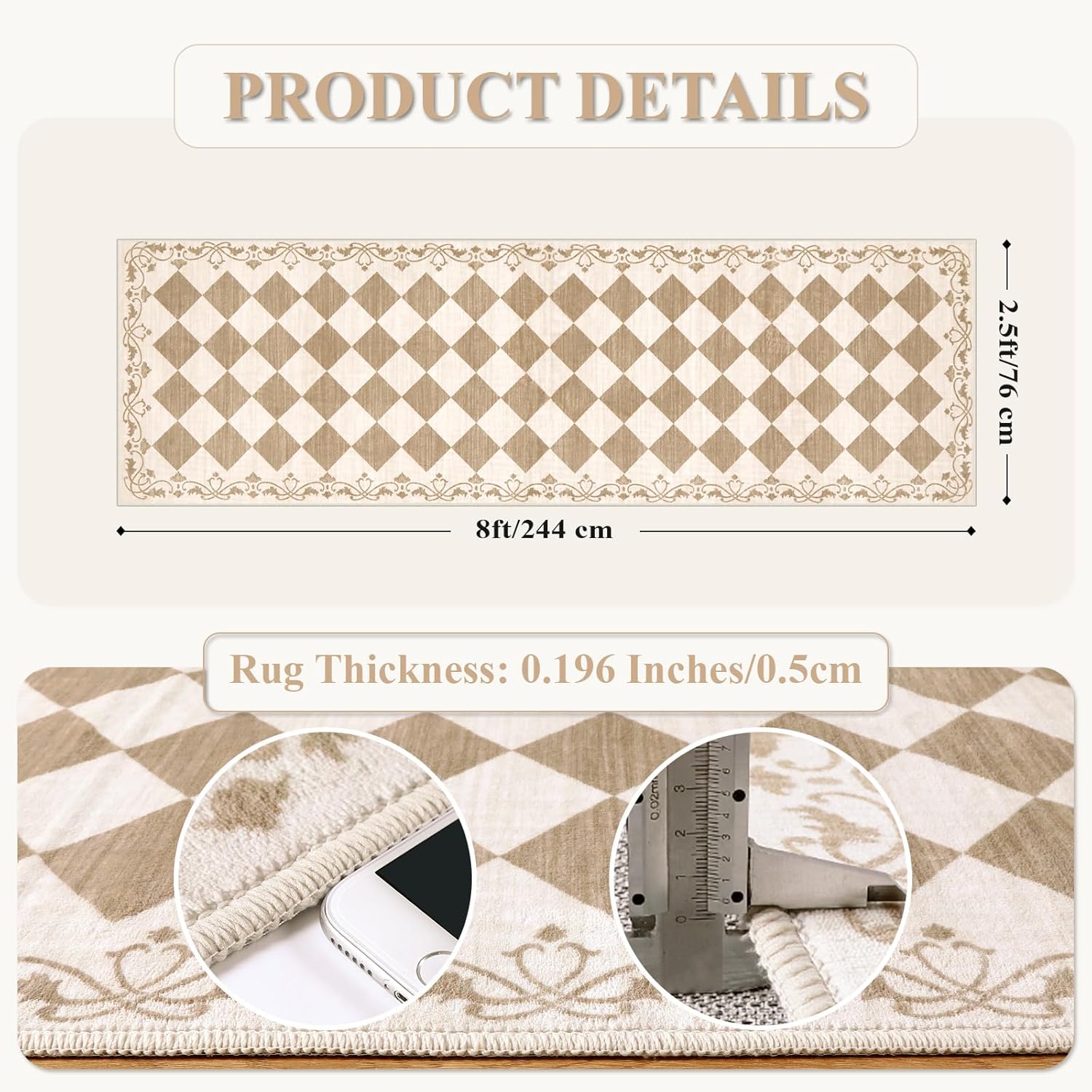 RUG ROBOT 2.5' x 8' Runner Rug for Hallway, Non Slip Washable Checkered Rug for Kitchen, Beige Neutral Bathroom Home Decor Plaid Diamond Low Pile Print Carpet for Entryway Bedroom Laundry