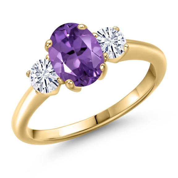 Gem Stone King 10K Yellow Gold Purple Amethyst and White Moissanite Engagement Ring for Women | 1.61 Cttw | Oval 8X6MM | Gemstone February Birthstone | Size 9