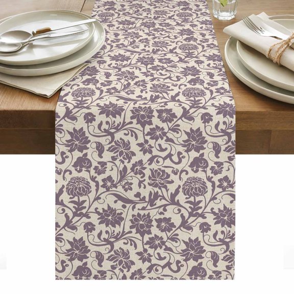 Purple Floral Table Runner - 108 Inch Long, Kitchen Dining Table Runner Dresser Scarves, Spring Plants Flowers Vintage Rustic Farmhouse Decor for Coffee Tables Wedding Party Banquet