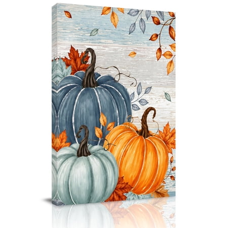 Canvas Wall Art Fall Pumpkin Framed Canvas Prints for Hallway Living Room Orange Blue Teal Thanksgiving Blue Wooden Extra Large Gallery Wrapped Wall Decor for Home Office Gifts 20 x30