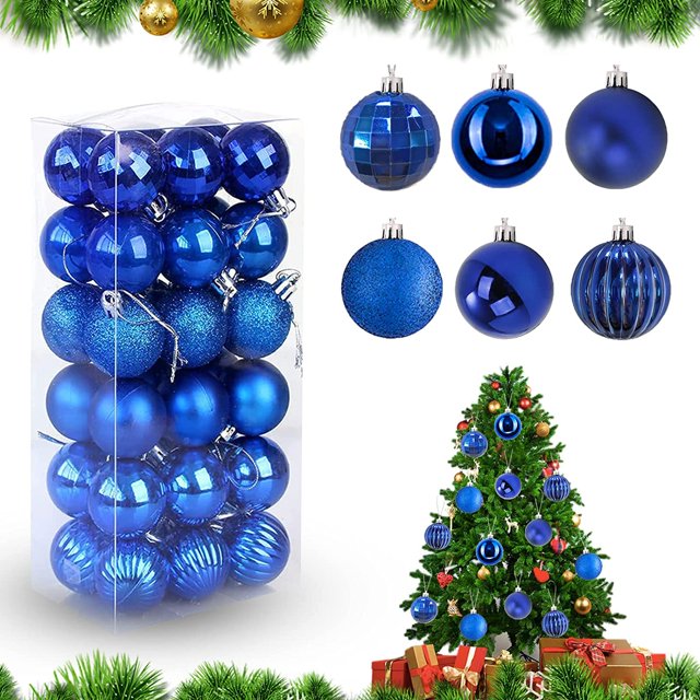 JM Juego de 36 bolas de Navidad surtidas con colgante irrompible para decoración colgante de árbol de Navidad para fiesta de boda (azul real, 4 cm) JM RV021031-00395SDJ