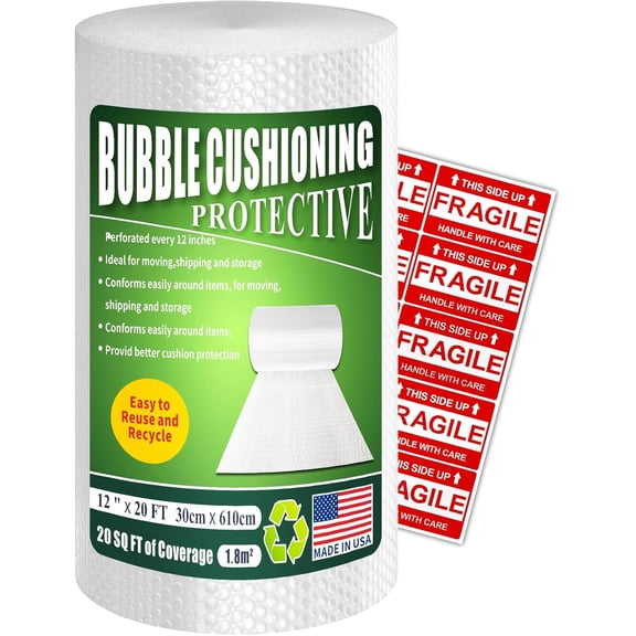 Heavy-Duty Bubble Wrap Cushioning Roll – 12”x20’ Perforated Every 12”, Tear-Resistant Packing Wrap for Moving, Shipping & Storage Made in