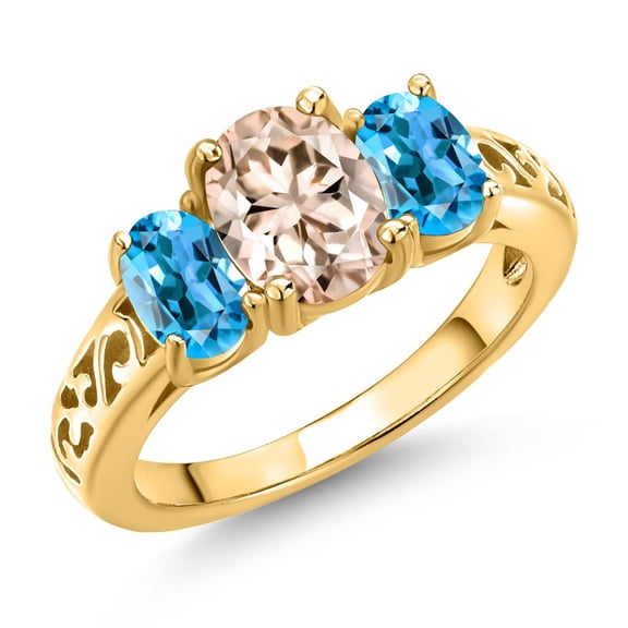 Gem Stone King 18K Yellow Gold Plated Silver Peach Morganite and Swiss Blue Topaz Filigree Style 3 Stone Ring for Women (2.10 Cttw, Oval 8X6MM and 6X4MM) (Size 5)