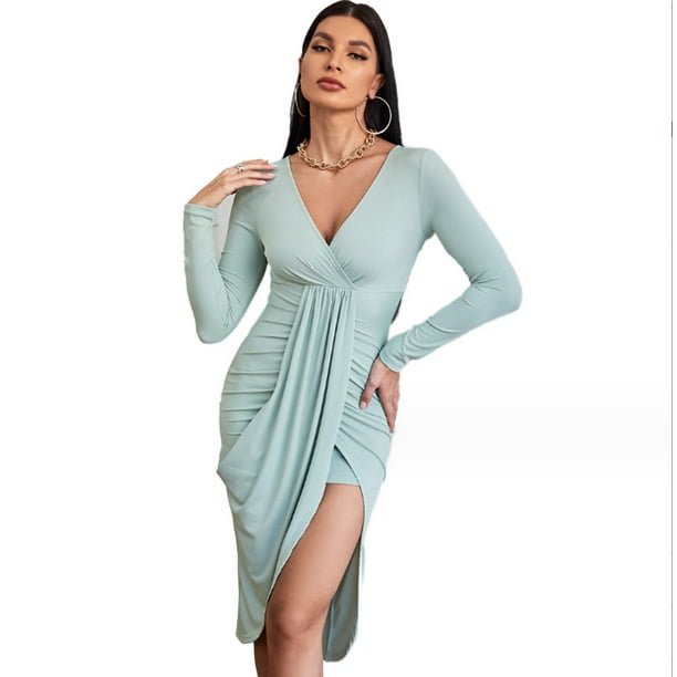 Dinheiro Vestido cruzado fruncido para mujer, manga larga, cuello en V, dobladillo dividido, parte delantera drapeada, vestido ajustado a media pierna, vestido de fiesta con abertura de punto, grande
