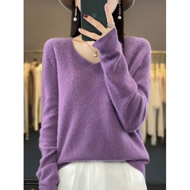 Suéter de mujer 100 % lana merino, cuello en V, manga larga, jersey básico de otoño e invierno, prendas de punto de cachemira, ropa cálida para mujer