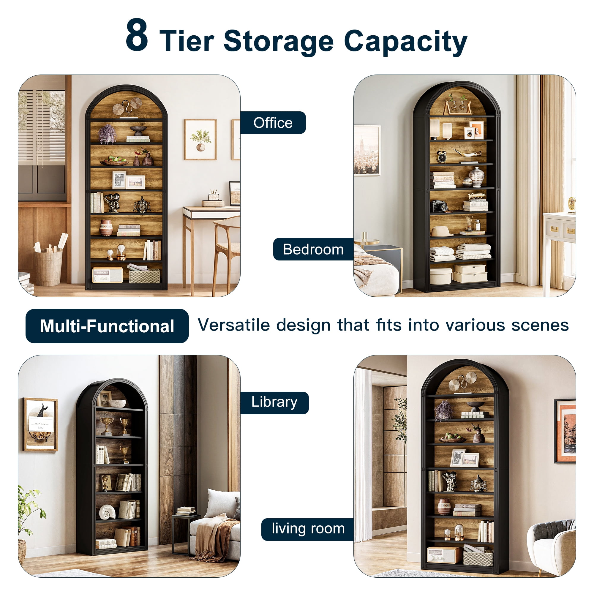 Demi Bonn 78.7" Bookshelf, 8-Tier Wooden Arched Bookcase Display Shelving Unit for Bedroom, Living Room, Black
