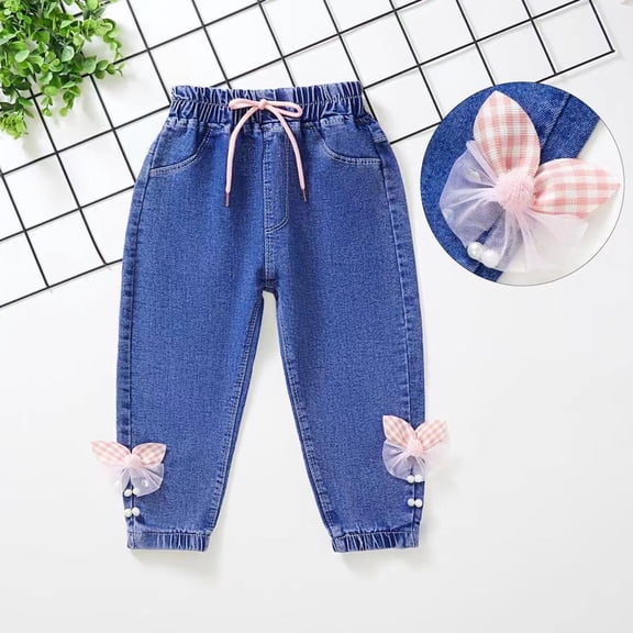 Girls Denim Joggers Kids Jeans Light Blue Elastic Cuff with Bow Pants for Kids 6M-6Y,Size 6-12 Months