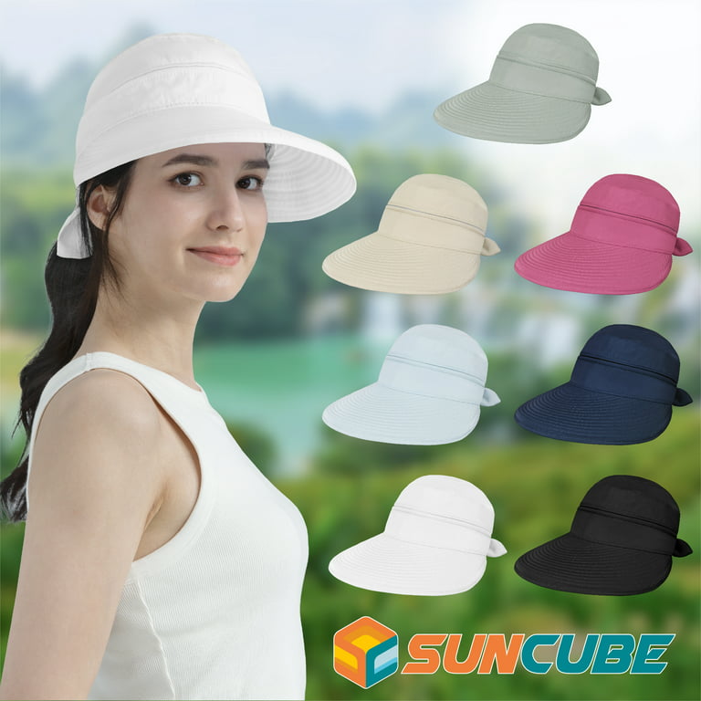 Sun Cube Women Sun Hat for Outdoor UV Protection, Wide Brim Sun Hat Ponytail, Convertible Zip-Off Beach Hat Visor