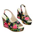 thumbnail image 2 of Summer Fish Mouth Print Thick Soled One-line Buckle Casual Wedge Sandals Sandals for Women Black 38, 2 of 8