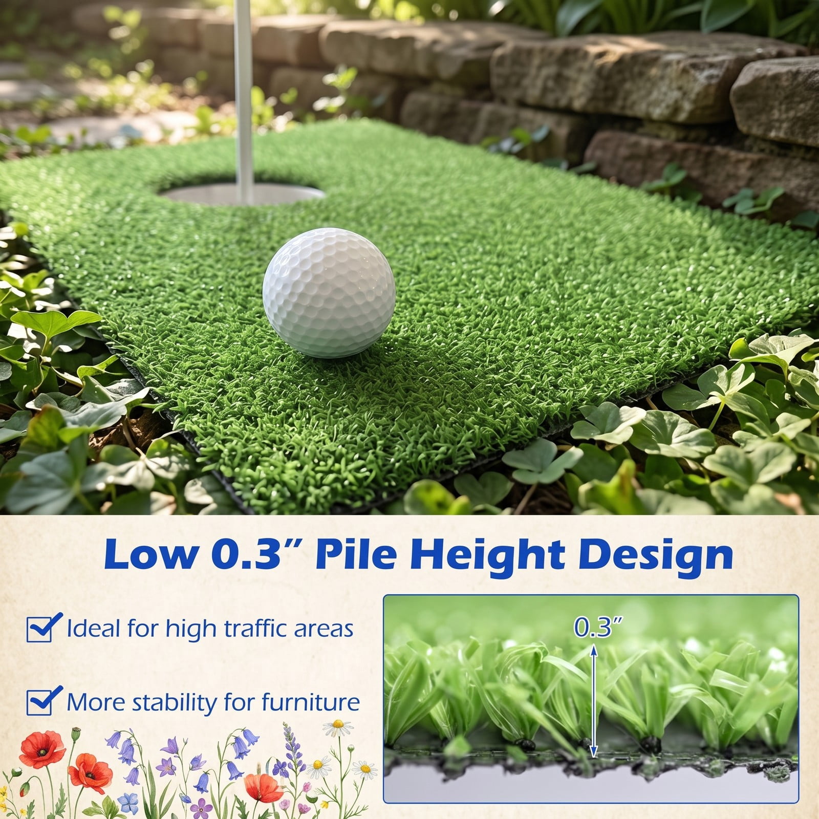 ALPULON 10 x 6.5 FT Artificial Turf Grass Rug, 65 sq.ft Realistic Synthetic Lawn Mat with Low 0.3 Inch Pile Height, Drainage Holes for Balcony Patio Yard Pet, Green