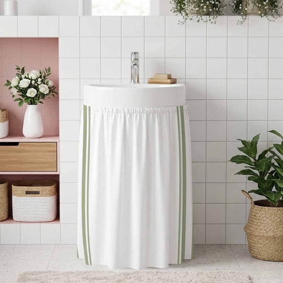 Sage Green Striped Small Cabinet Curtain 11''x13'', Farmhouse Simple Line Vertical Stripes Bathroom Sink Skirt for Kitchen Vanity Pedestal, Laundry Privacy Drape Waterproof Dishwasher Curtains