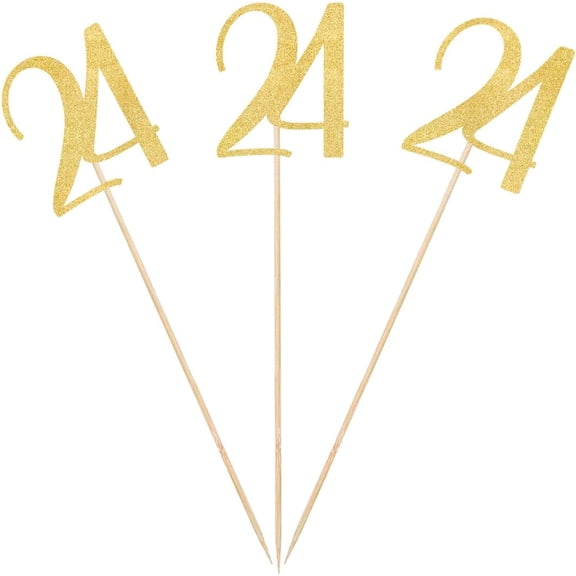 Gold Glitter 24th Birthday Centerpiece Sticks, 12-Pack Number 24 Table Topper Anniversary Party Decorations