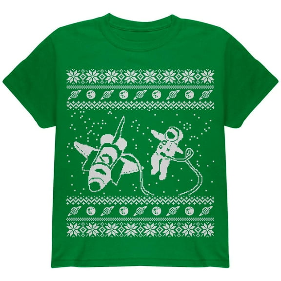 Astronaut in Space Ugly Christmas Sweater Green Youth T-Shirt - Youth X-Large