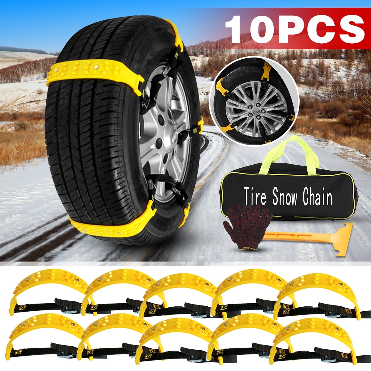 Baceyong Anti-skid Snow Chains Set Of 20, Emergency Snow Tire Chains For Any Tire Width 6.50-11.22in, Universal Adjustable Tire Wheel Chain Nylon Snow